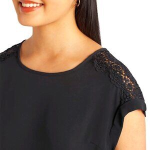 FORTUNE + IVY Allison Mixed Material Blouse, Black L NWT